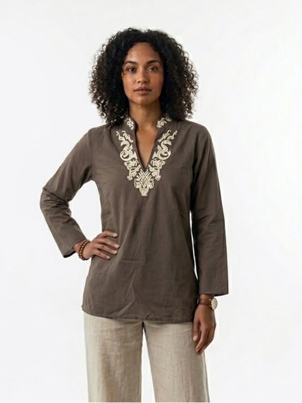 Embroidered Split Neck Tunic Blouse | Brown Cream Filigree Boho Top Silk Cotton
